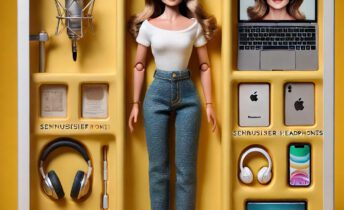 Muñeca locutora Susana Garcia dentro de una caja con sus accesorios para locuciones.