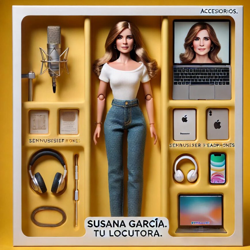 Muñeca locutora Susana Garcia dentro de una caja con sus accesorios para locuciones.