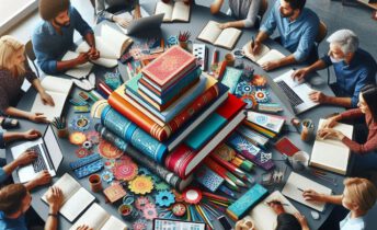 Grupo de personas reunidas en una mesa redonda y en el centro de la mesa un monton de libros en una montaña.
