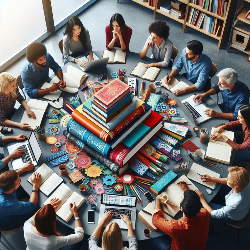 Grupo de personas reunidas en una mesa redonda y en el centro de la mesa un monton de libros en una montaña.