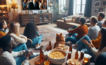 Un monton de personas sentadas en un comedor viendo un documental locutado por Susana Garcia