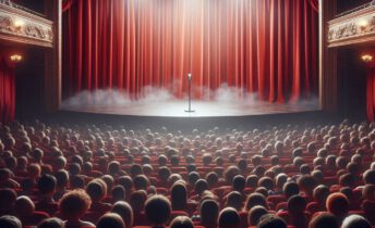 A punto de escuchar la locucion de Susana Garcia en un evento en el escenario con cortinas rojas de un teatro con el publico sentado esperando.