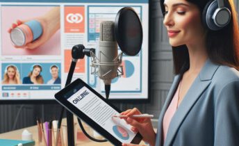 Locutora sentada frente a un microfono grabando un elearning.