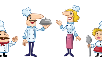 Dos cocineras y dos cocineros con su uniforme una cuchara y un plato presentando las locuciones de Susana Garcia de Gastronomia