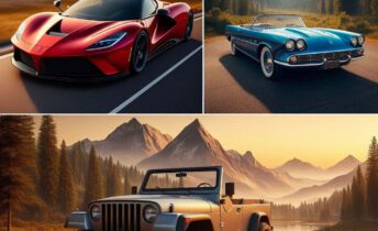Fotocomposion con tres coches diferentes, uno deportivo, uno clasico y otro todoterreno
