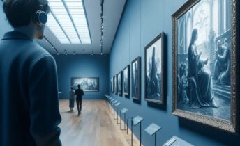 Un chico joven admirando un cuadro en el interior de un museo mientras escucha la audioguia locutada por Susana Garcia