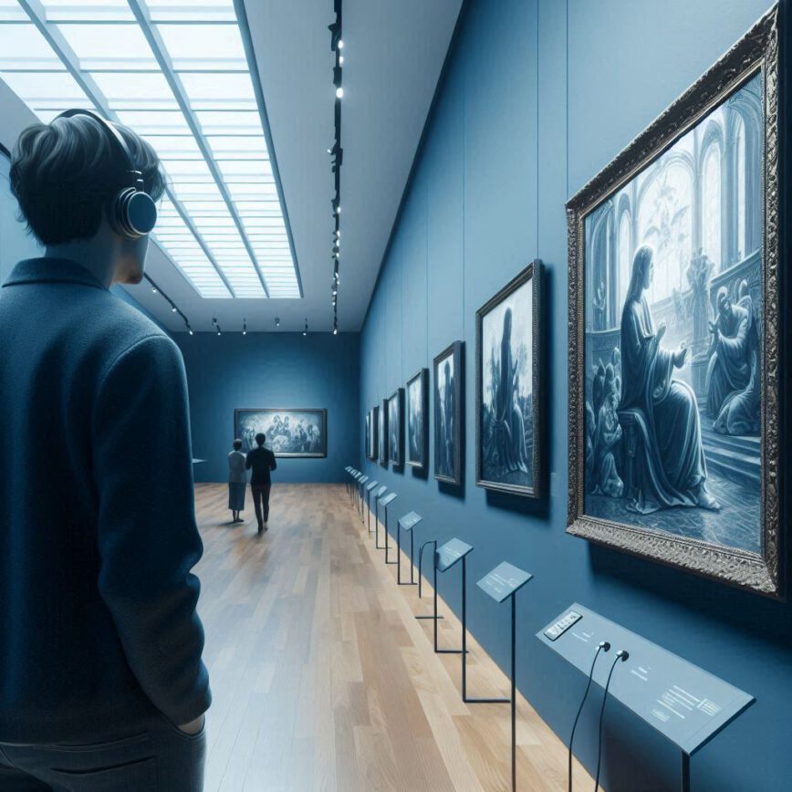 Un chico joven admirando un cuadro en el interior de un museo mientras escucha la audioguia locutada por Susana Garcia