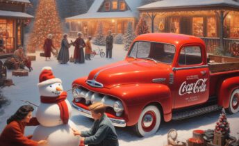 Ambiente navideño de una plaza con sus casitas iluminadas, gente, camion de coca cola y niños haciendo un muñeco de nieve.