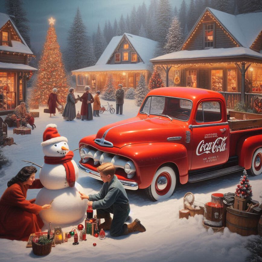 Ambiente navideño de una plaza con sus casitas iluminadas, gente, camion de coca cola y niños haciendo un muñeco de nieve.