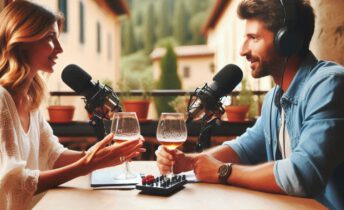 Una locutora hace un podcast entrevistando a un hombre en la Toscana, sentados tomando algo.