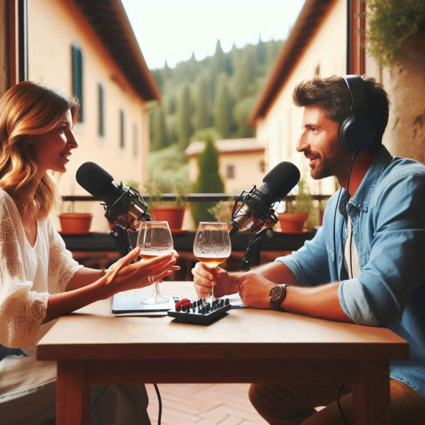 Una locutora hace un podcast entrevistando a un hombre en la Toscana, sentados tomando algo.