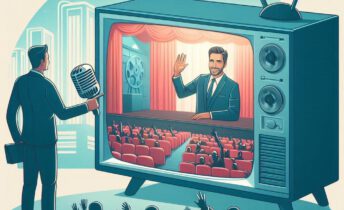 Locutor profesional siendo la voz en off de un programa de tv que se ve en una tele grande que ocupa toda la sala.