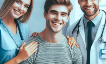 Un paciente sonriendo en el centro. A su izquierda la enfermera y a su derecha el medico posando los tres alegres ante un buen resultado.