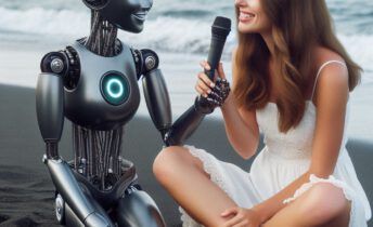 Locutora en la orilla de la playa sentada junto a una robot entrevistandola.