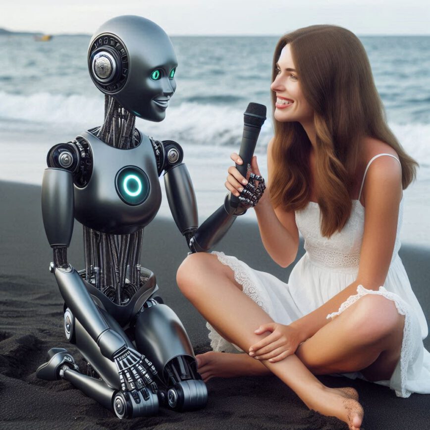 Locutora en la orilla de la playa sentada junto a una robot entrevistandola.