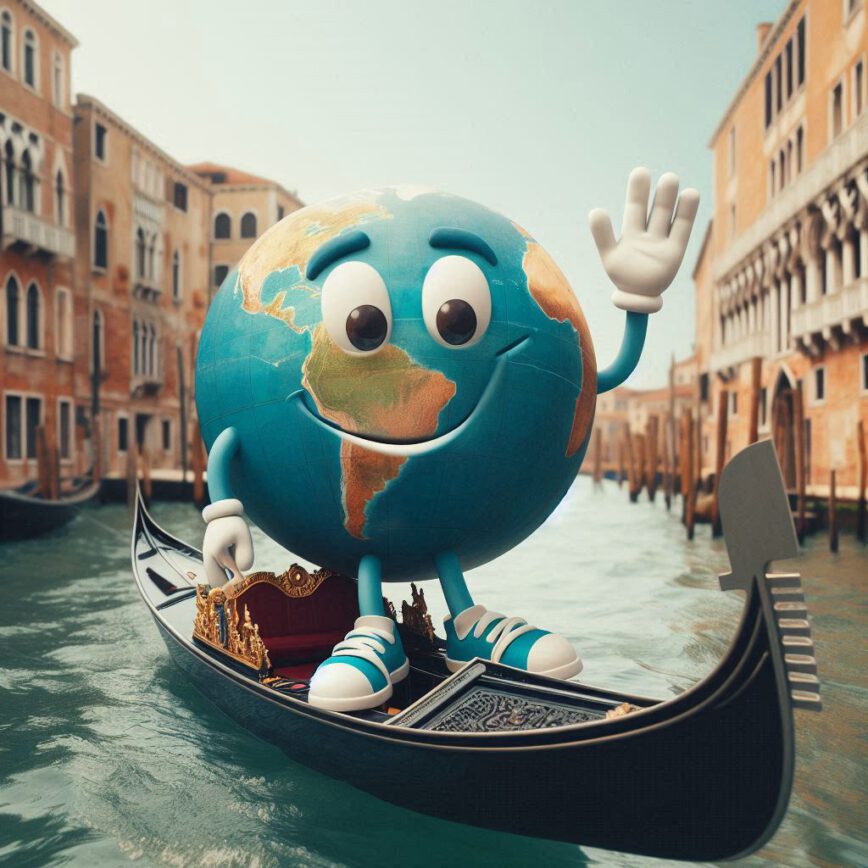 Bola del mundo subida a una gondola en venecia.