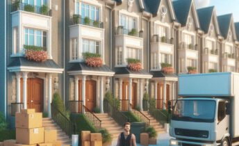 Chico que llega a su nueva casa con su maleta y un camion de mudanzas.